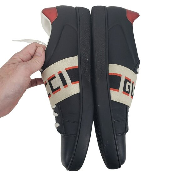 Gucci Mens Ace Stripe Sneakers Black White Stripe Red Heel Designer Low Top Shoe - Picture 4 of 12